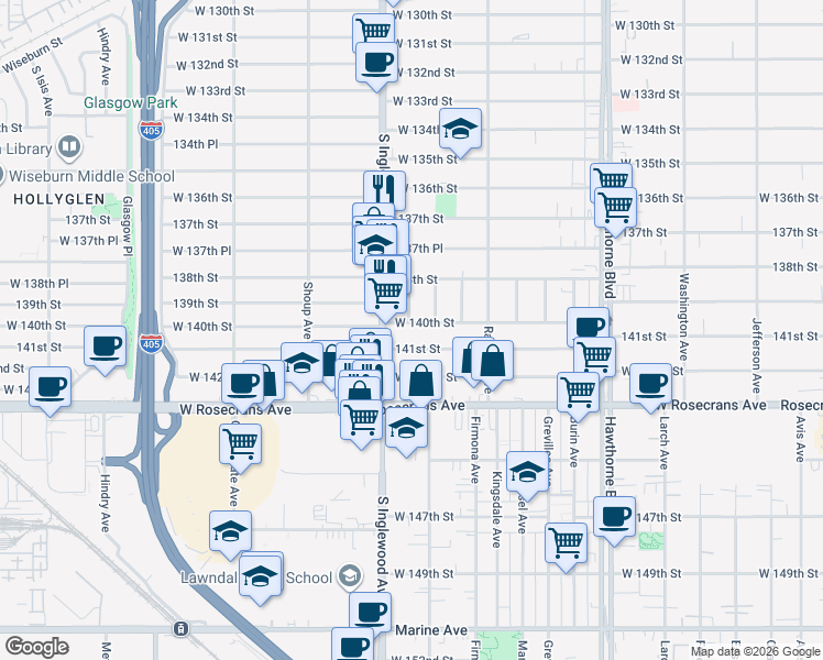map of restaurants, bars, coffee shops, grocery stores, and more near 4748 West 140th Street in Hawthorne
