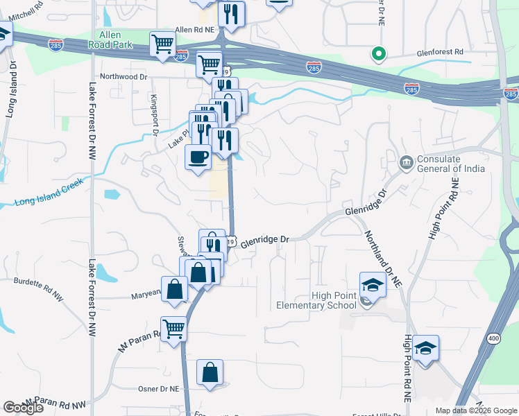 map of restaurants, bars, coffee shops, grocery stores, and more near 327 Tall Oaks Drive Northeast in Atlanta