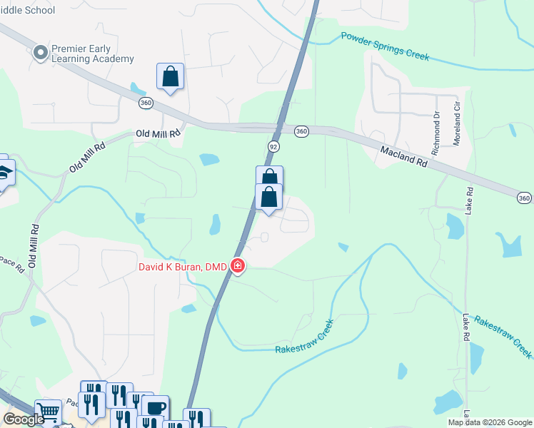 map of restaurants, bars, coffee shops, grocery stores, and more near 45 Darby's Crossing Drive in Hiram