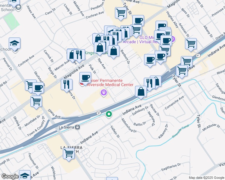 map of restaurants, bars, coffee shops, grocery stores, and more near 3577 Polk Street in Riverside