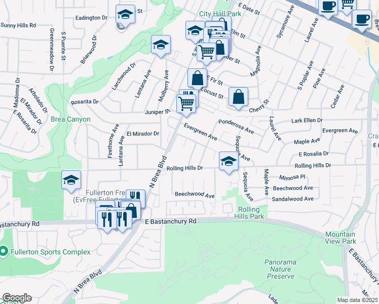 map of restaurants, bars, coffee shops, grocery stores, and more near 2936 Hemlock Place in Fullerton
