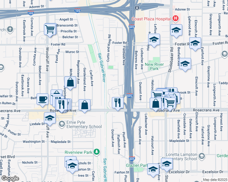 map of restaurants, bars, coffee shops, grocery stores, and more near 13936 Edgewater Drive in Norwalk