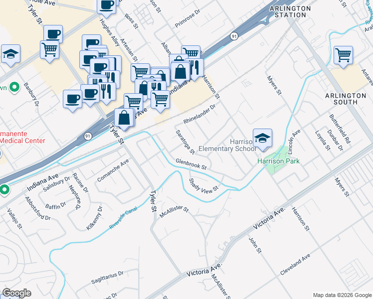 map of restaurants, bars, coffee shops, grocery stores, and more near 3144 Saratoga Street in Riverside