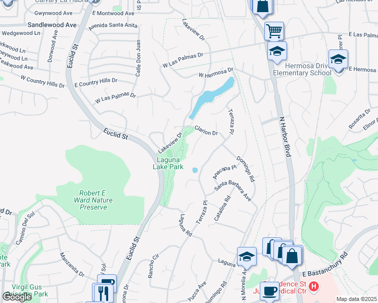 map of restaurants, bars, coffee shops, grocery stores, and more near 2921 Juanita Place in Fullerton