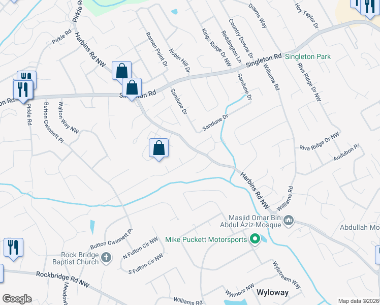 map of restaurants, bars, coffee shops, grocery stores, and more near 1177 Harbins Road Northwest in Norcross