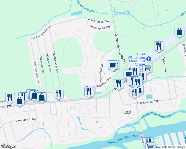 map of restaurants, bars, coffee shops, grocery stores, and more near 1428 Cassidy Court in Ocean Isle Beach