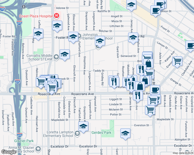 map of restaurants, bars, coffee shops, grocery stores, and more near 11334 Crestbrook Street in Norwalk