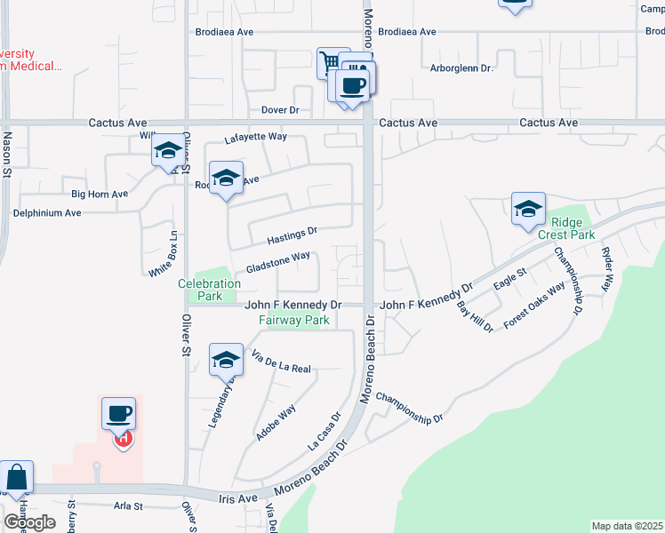 map of restaurants, bars, coffee shops, grocery stores, and more near 27890 John F Kennedy Drive in Moreno Valley