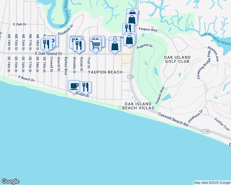 map of restaurants, bars, coffee shops, grocery stores, and more near 204 Sellers Street in Oak Island
