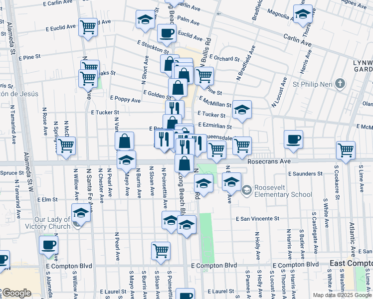 map of restaurants, bars, coffee shops, grocery stores, and more near 1213 North Bullis Road in Compton