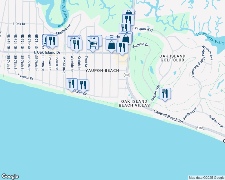 map of restaurants, bars, coffee shops, grocery stores, and more near 204 Sellers Street in Oak Island