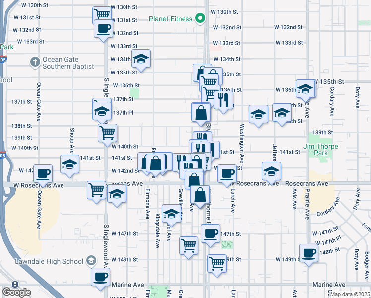 map of restaurants, bars, coffee shops, grocery stores, and more near 4476 West 140th Street in Hawthorne