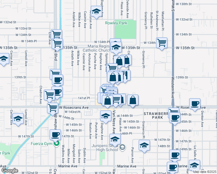 map of restaurants, bars, coffee shops, grocery stores, and more near 14004 Spinning Avenue in Gardena