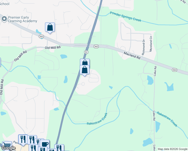 map of restaurants, bars, coffee shops, grocery stores, and more near 233 Darby's Crossing Court in Hiram