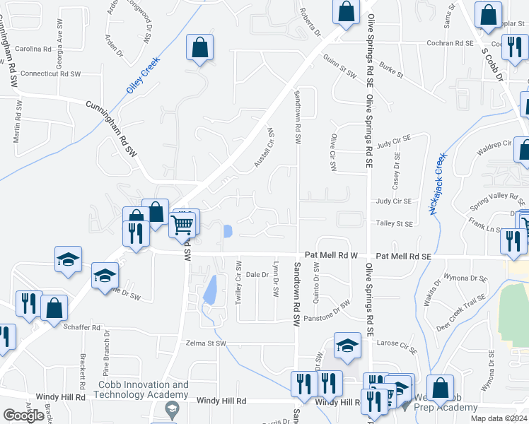 map of restaurants, bars, coffee shops, grocery stores, and more near 2120 Summer Wind Drive Southwest in Marietta