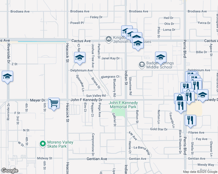 map of restaurants, bars, coffee shops, grocery stores, and more near 14912 Perham Drive in Moreno Valley