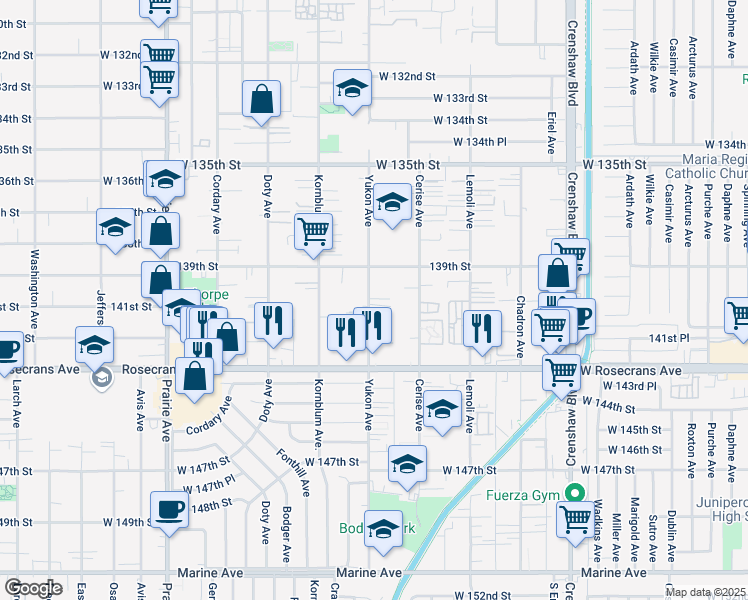 map of restaurants, bars, coffee shops, grocery stores, and more near 14004 Yukon Avenue in Hawthorne