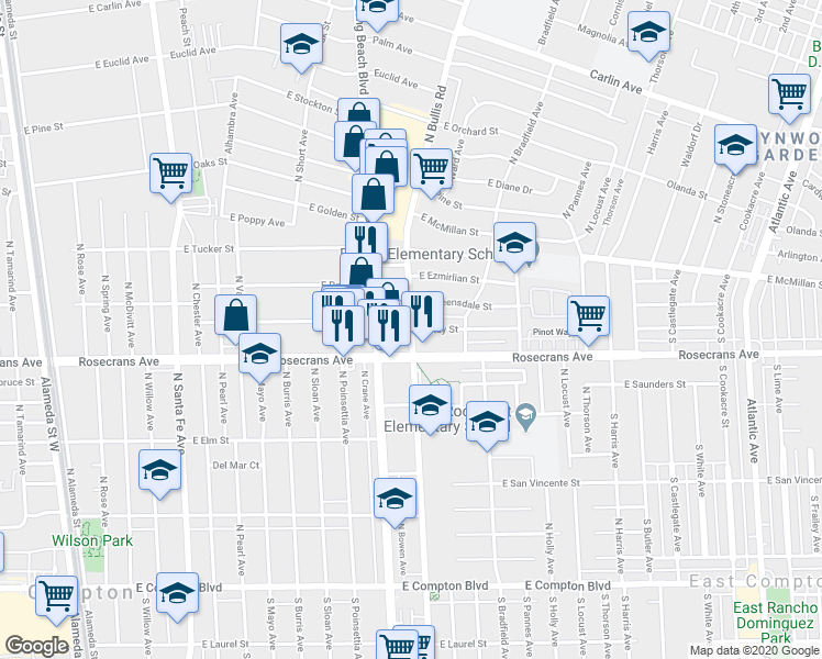 map of restaurants, bars, coffee shops, grocery stores, and more near North Bullis Road in Compton