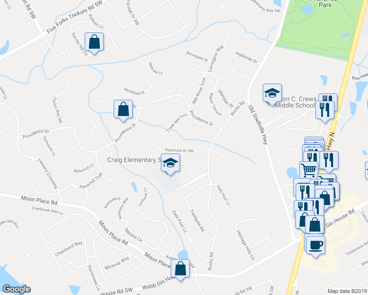 map of restaurants, bars, coffee shops, grocery stores, and more near 1494 Radstone Drive Southwest in Lawrenceville