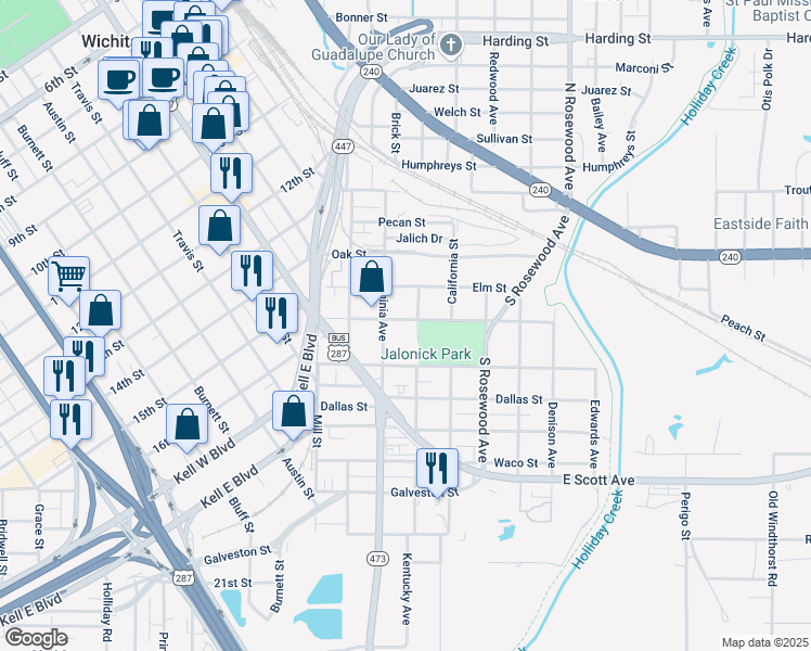 map of restaurants, bars, coffee shops, grocery stores, and more near 309 Walnut Street in Wichita Falls