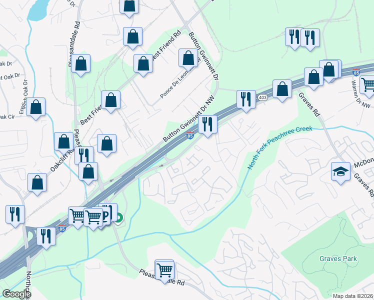 map of restaurants, bars, coffee shops, grocery stores, and more near 7000 Dawson Boulevard in Atlanta