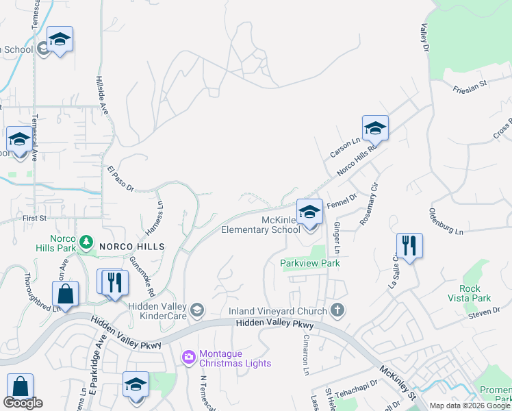 map of restaurants, bars, coffee shops, grocery stores, and more near 620 Silver Spur Way in Norco