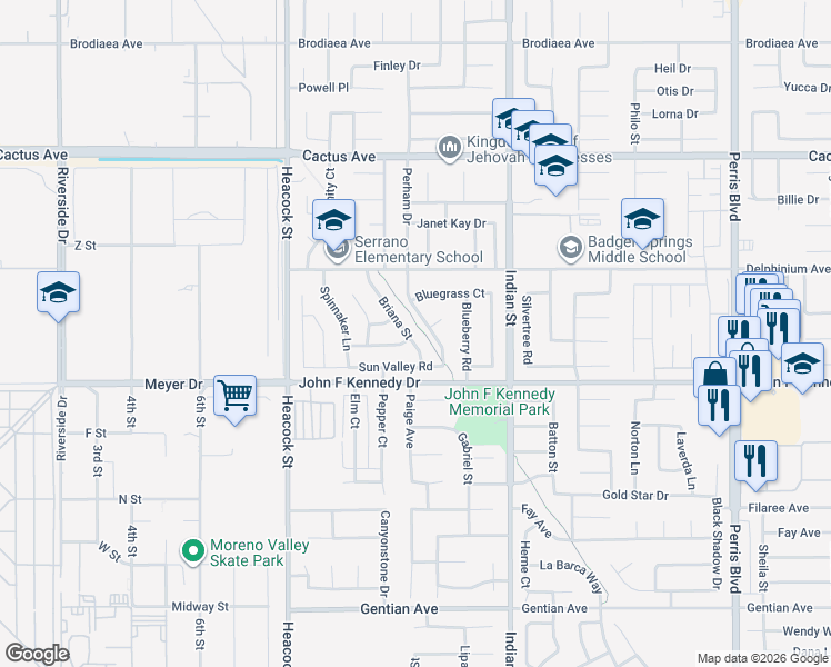map of restaurants, bars, coffee shops, grocery stores, and more near 14904 Briana Street in Moreno Valley