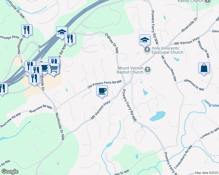 map of restaurants, bars, coffee shops, grocery stores, and more near 1016 Old Powers Ferry Road Northwest in Atlanta