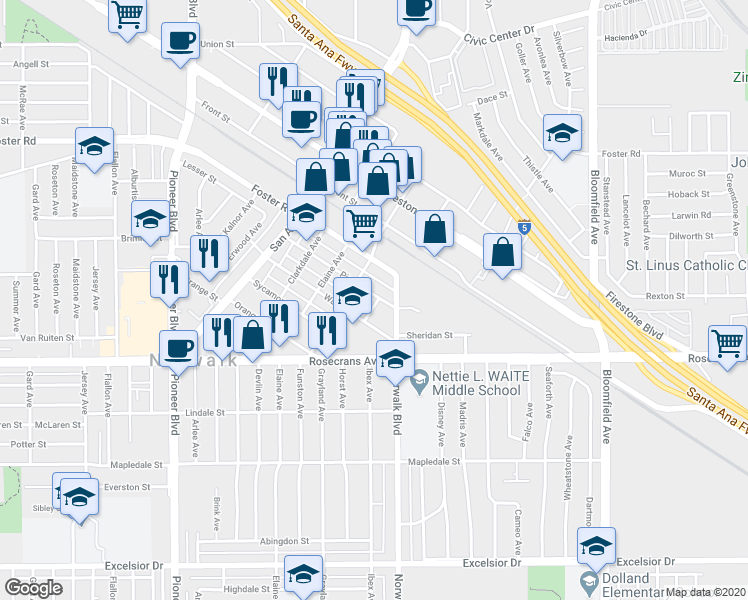 map of restaurants, bars, coffee shops, grocery stores, and more near 12162 Pine Street in Norwalk