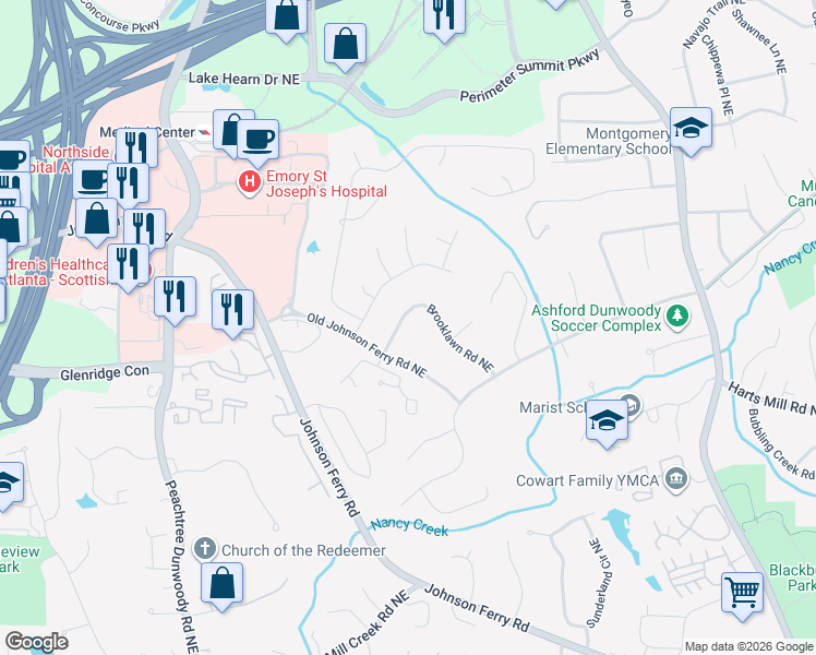 map of restaurants, bars, coffee shops, grocery stores, and more near 1253 Brooklawn Road Northeast in Atlanta