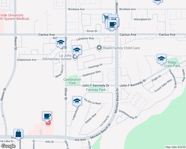 map of restaurants, bars, coffee shops, grocery stores, and more near 27726 Gladstone Way in Moreno Valley