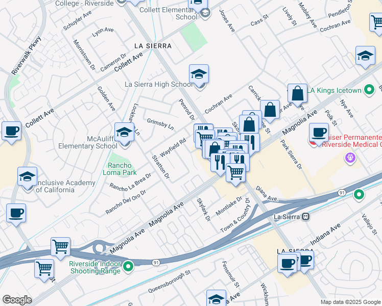 map of restaurants, bars, coffee shops, grocery stores, and more near 3900 Fir Tree Drive in Riverside