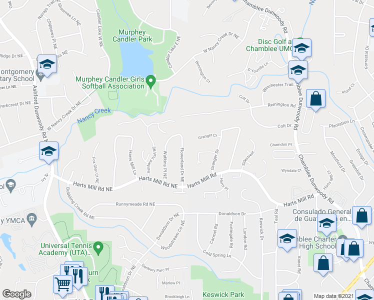 map of restaurants, bars, coffee shops, grocery stores, and more near 3888 Flowerland Dr NE in Atlanta