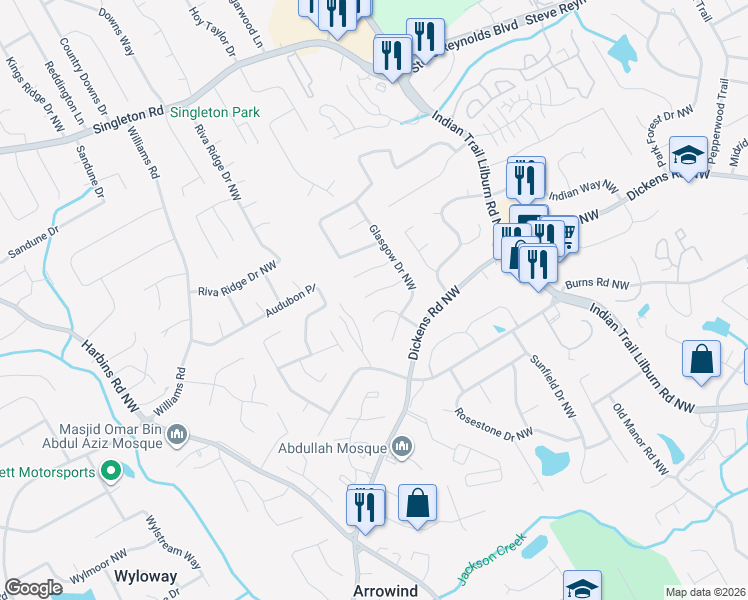 map of restaurants, bars, coffee shops, grocery stores, and more near 5188 Aberdeen Court Northwest in Lilburn