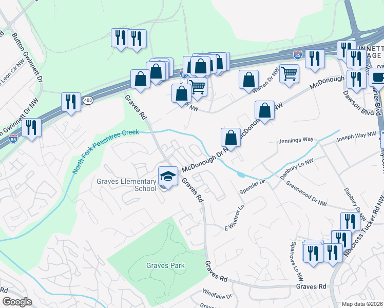 map of restaurants, bars, coffee shops, grocery stores, and more near 1787 Brookside Lay Circle in Norcross