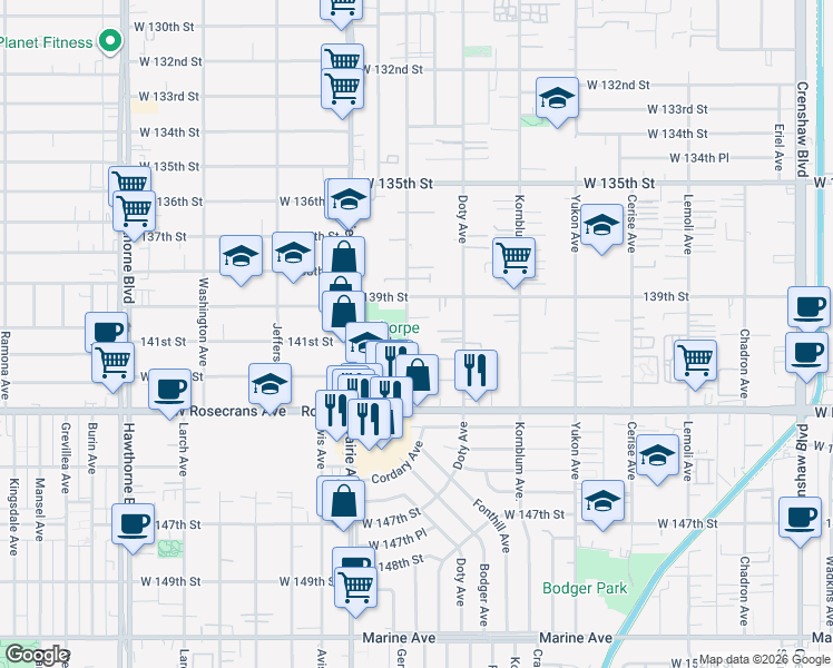 map of restaurants, bars, coffee shops, grocery stores, and more near 14000 Cordary Avenue in Hawthorne