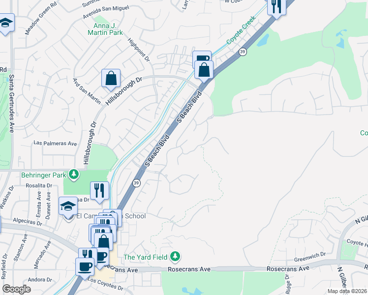 map of restaurants, bars, coffee shops, grocery stores, and more near 13928 Highlander Road in La Mirada