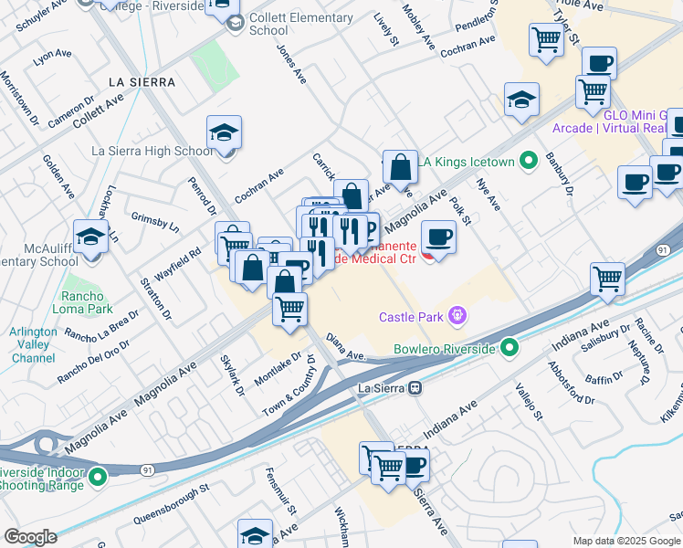 map of restaurants, bars, coffee shops, grocery stores, and more near 10992 Magnolia Avenue in Riverside