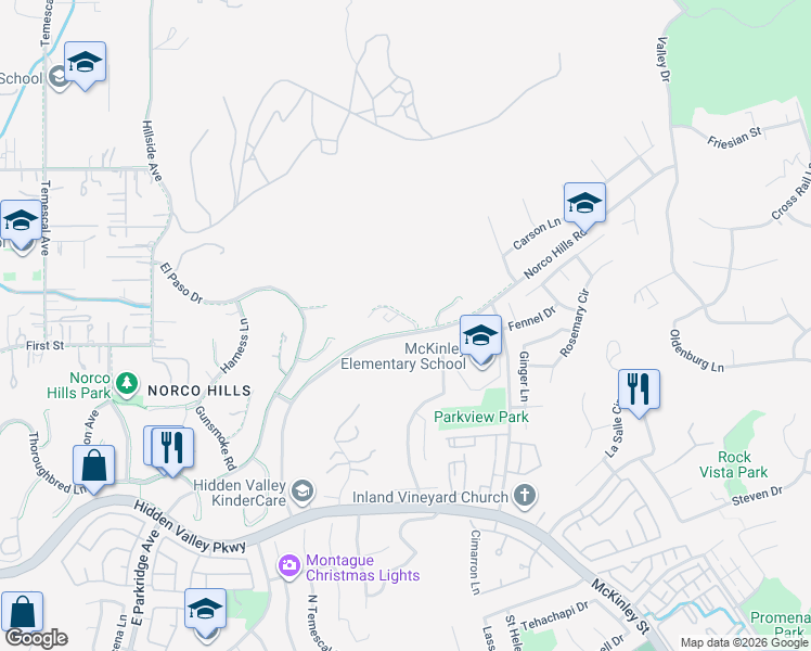 map of restaurants, bars, coffee shops, grocery stores, and more near 620 Silver Spur Way in Norco