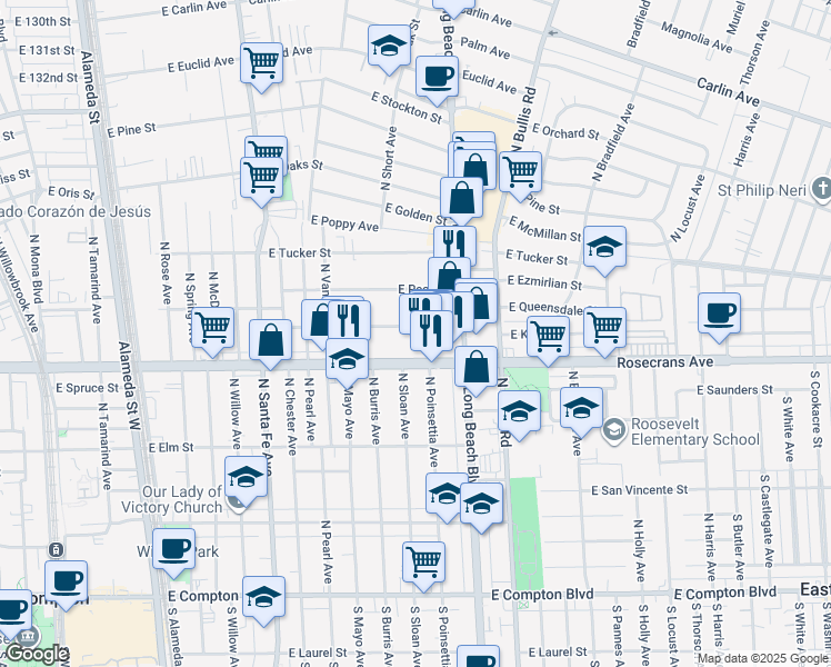 map of restaurants, bars, coffee shops, grocery stores, and more near 1208 East Kay Street in Compton