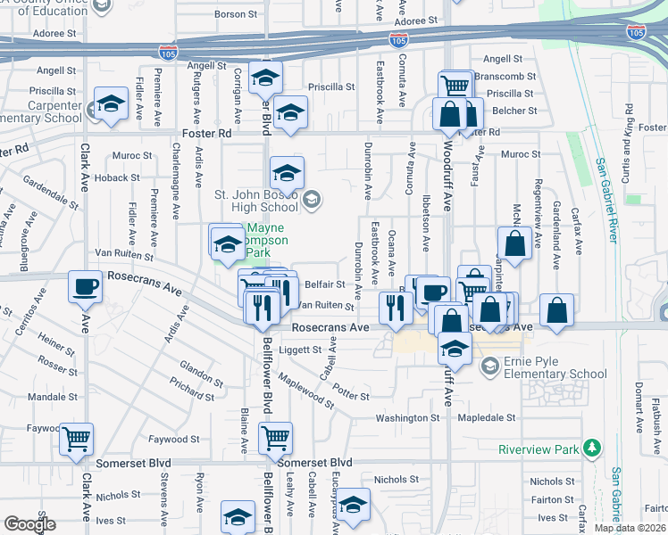 map of restaurants, bars, coffee shops, grocery stores, and more near 9890 Crestbrook Street in Bellflower
