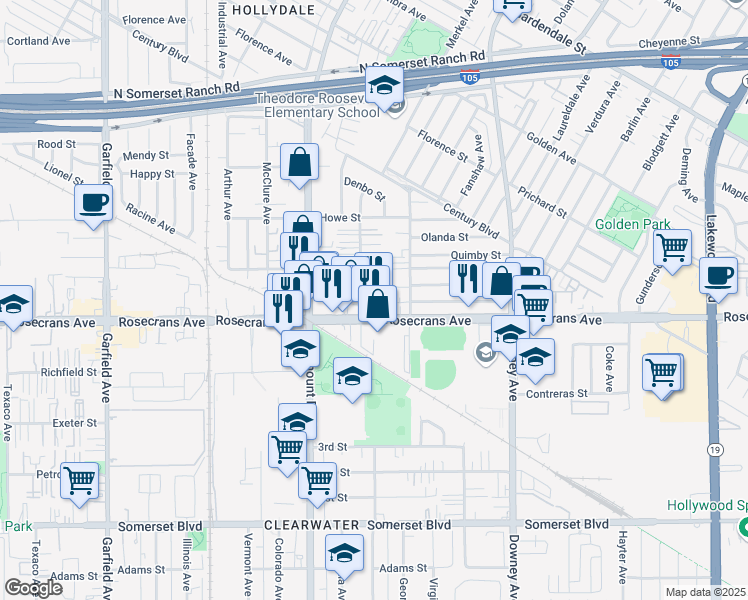 map of restaurants, bars, coffee shops, grocery stores, and more near 14134 Orizaba Avenue in Paramount
