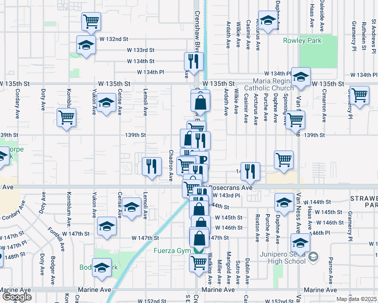 map of restaurants, bars, coffee shops, grocery stores, and more near 14005 Crenshaw Boulevard in Hawthorne