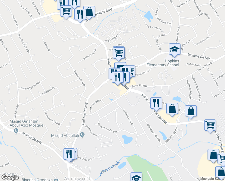 map of restaurants, bars, coffee shops, grocery stores, and more near 885 Wilton Lane Northwest in Lilburn