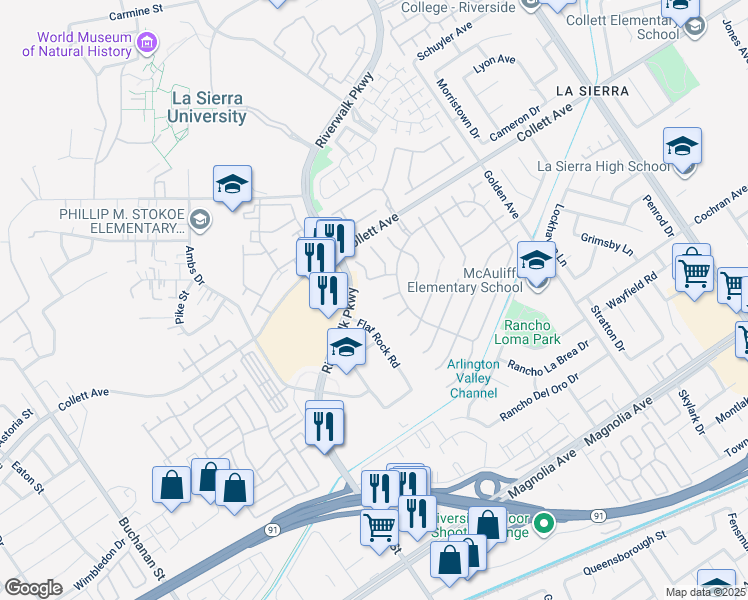 map of restaurants, bars, coffee shops, grocery stores, and more near 4199 Flat Rock Road in Riverside