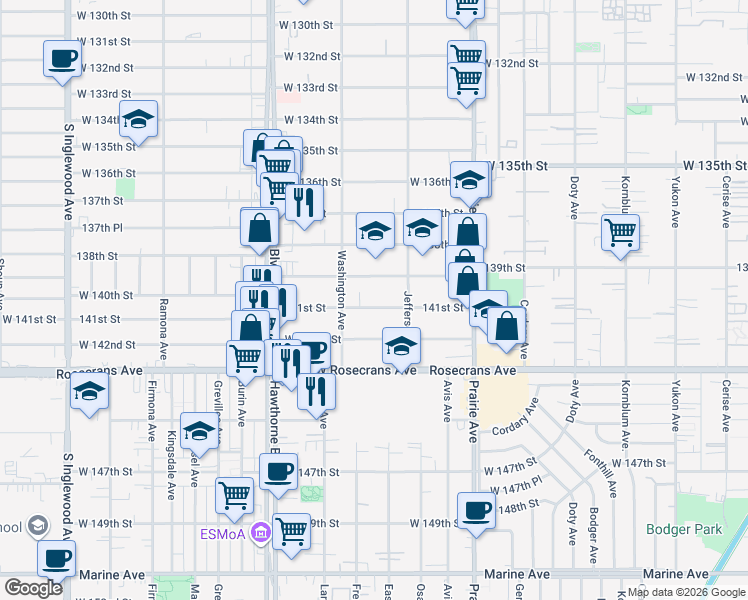 map of restaurants, bars, coffee shops, grocery stores, and more near 4203 West 141st Street in Hawthorne