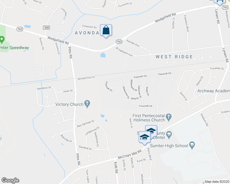 map of restaurants, bars, coffee shops, grocery stores, and more near 2870 Foxcroft Circle in Sumter