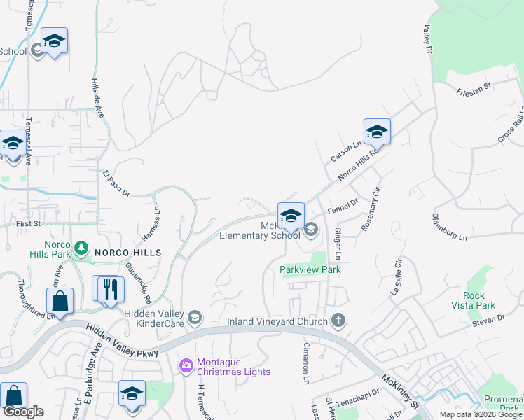 map of restaurants, bars, coffee shops, grocery stores, and more near 620 Silver Spur Way in Norco