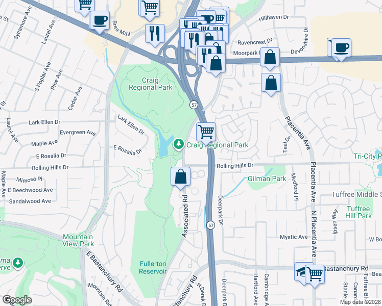 map of restaurants, bars, coffee shops, grocery stores, and more near in Fullerton