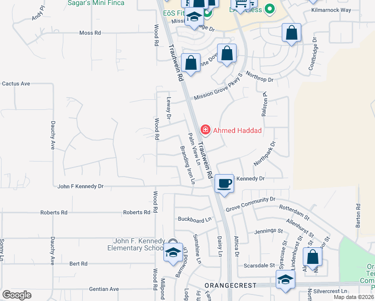 map of restaurants, bars, coffee shops, grocery stores, and more near 8092 Branding Iron Lane in Riverside